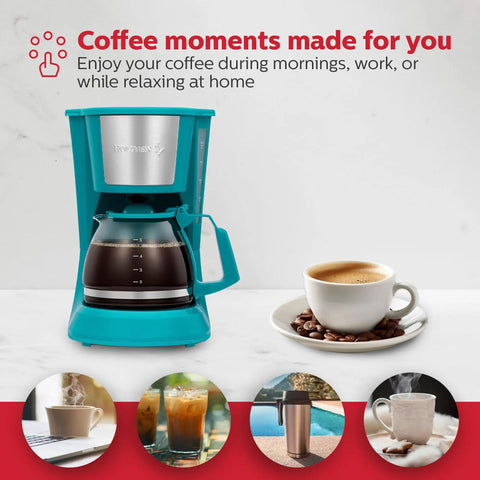 5 Cup Drip Coffee Maker In Teal, Compact Brew Boss For Home Office Or Dorm with glass carafe and white coffee cup on the side