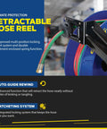 Close-up of Retractable Welding Hose Reel With Twin Oxygen And Acetylene Rubber Hoses Heavy Duty Steel Arm Three Hundred PSI Rating