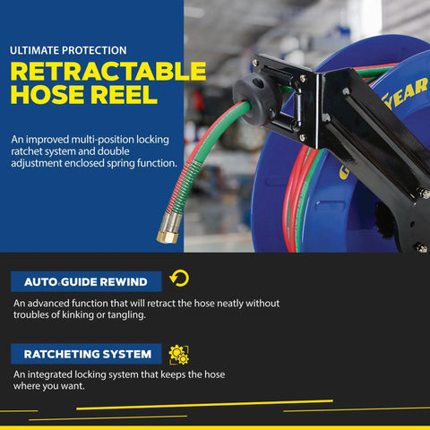 Close-up of Retractable Welding Hose Reel With Twin Oxygen And Acetylene Rubber Hoses Heavy Duty Steel Arm Three Hundred PSI Rating