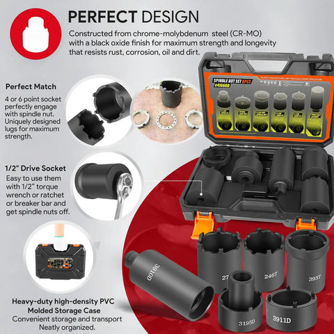6 Pack Spindle Nut Socket Set With One Half Inch Drive Heavy Duty Tool Kit For Ford F Series GM Toyota And Dana Axles Removes And Installs 4 Slot And 6 Slot Spindle Nuts With Storage Case Lug Out Nut Sockets Remover Puller Kit, shown with sockets in case and specifications