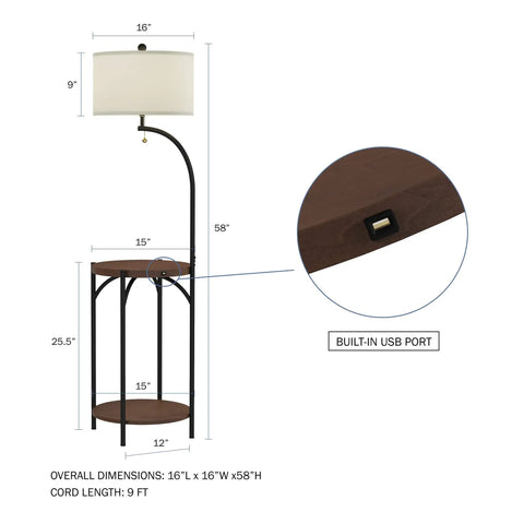 Go-To Space Saving Floor Lamp With End Table And USB Port showing dimensions and built-in USB port detail