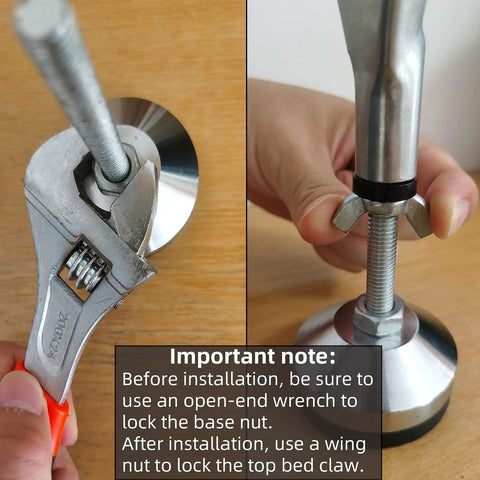 Installation of 2 Pack Heavy Duty Bed Frame Slat Support Leg with wrench and screw adjustment.