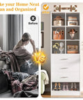 Closet System Organizer With 6 Cube Compartments And 3 Drawers Freestanding Wardrobe Module With Shoe Shelf Game Changer Space Saver Expandable Design For Walk In Or Reach In Closets White, shown neatly organizing clothes and shoes in a tidy room.