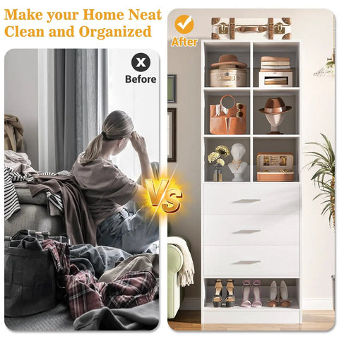 Closet System Organizer With 6 Cube Compartments And 3 Drawers Freestanding Wardrobe Module With Shoe Shelf Game Changer Space Saver Expandable Design For Walk In Or Reach In Closets White, shown neatly organizing clothes and shoes in a tidy room.