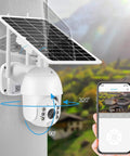 Wireless Solar Powered Outdoor Security Camera With 1080P Pan Tilt WiFi PIR Motion Two Way Audio IP65 shown mounted with solar panel