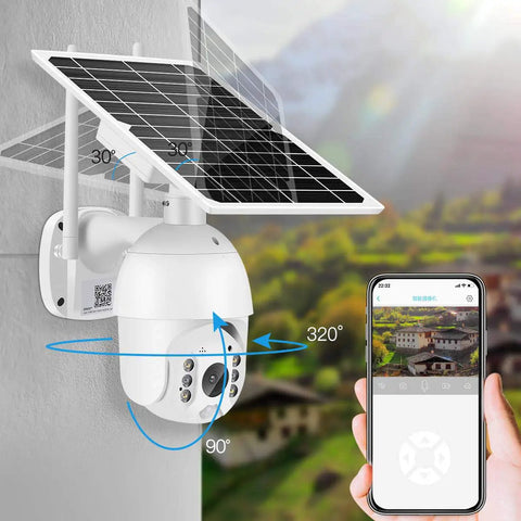 Wireless Solar Powered Outdoor Security Camera With 1080P Pan Tilt WiFi PIR Motion Two Way Audio IP65 shown mounted with solar panel