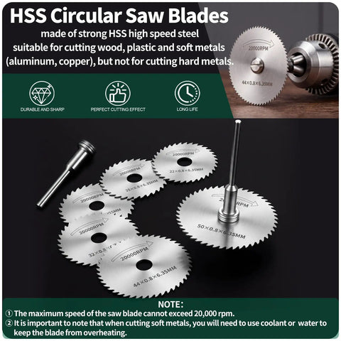 All In One Pro Grade 65 Piece Rotary Tool Kit With Diamond Cutting Wheels Resin Cut Off Discs HSS Circular Saw Blades Sanding Bands And Aluminum Oxide Bits For Wood Plastic Glass Metal Gem And Jade Projects HSS circular saw blades, 44mm and 50mm
