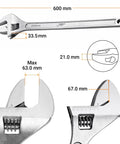 24 Inch Extra Long Adjustable Wrench With Chrome Vanadium Steel, Dual Inch And Metric Scale, detailed jaw and handle measurements