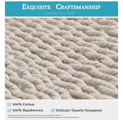 Close-up of handwoven cotton rope from Handwoven Cotton Rope Hammock Chair With Metal Spreader Bar For Indoor And Outdoor Relaxation
