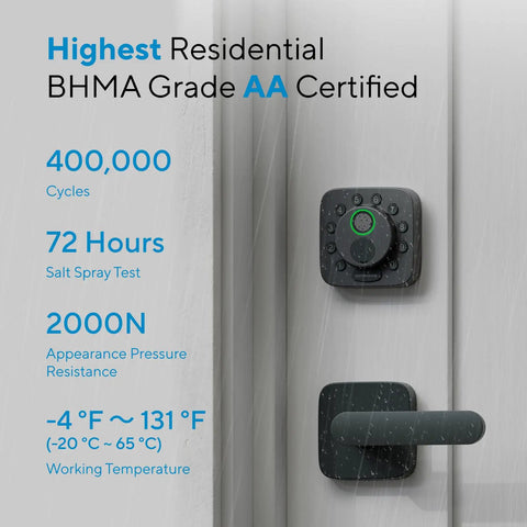 Heavy Duty Wireless Smart Deadbolt Featuring Slick Touch Interface And Hella Secure Biometric Scanning Plus No Sweat Wifi Pairing For Rock Solid Home Safety Upgrades on residential door with specifications displayed.