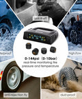 RV Tire Pressure Monitoring System TPMS Set Of 4 Sensors With Six Alarm Modes Easy Setup High And Low Pressure Alerts High Temperature Warnings And Sensor Low Voltage Or Signal Loss Alerts For Road Ready Peace Of Mind. Display and 4 sensors, waterproof, anti-theft