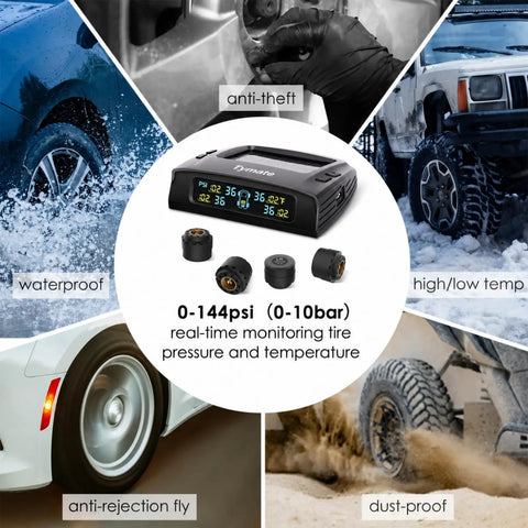 RV Tire Pressure Monitoring System TPMS Set Of 4 Sensors With Six Alarm Modes Easy Setup High And Low Pressure Alerts High Temperature Warnings And Sensor Low Voltage Or Signal Loss Alerts For Road Ready Peace Of Mind. Display and 4 sensors, waterproof, anti-theft