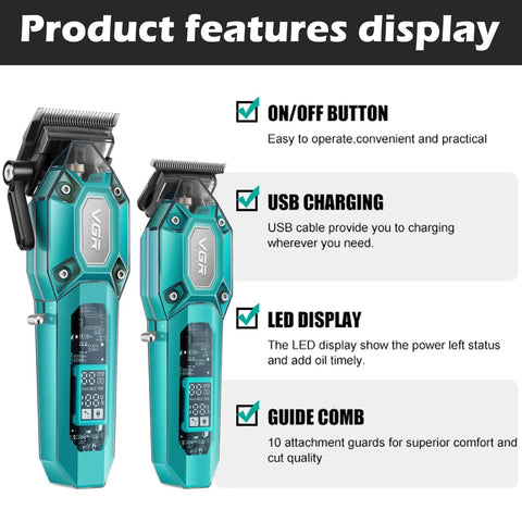 Cordless Barber Clipper And Trimmer Set For Men With 10 Guide Combs USB Rechargeable LED Display And Precise Cutting