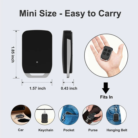 Dimensions and uses of Dual Gate Opener Remote Transmitter for GYXEL and JUJIANG Automatic Gate Openers Replacement Keychain.