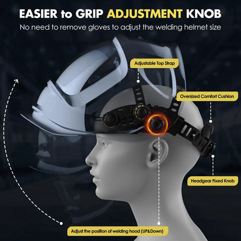 Side view of Auto Darkening Welding Helmet with Large Viewing Area 3.94 x 3.66 Inches, adjustment knob and comfort cushion visible