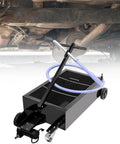 Low Profile 25 Gallon Oil Drain Pan With 110V High Flow Electric Pump under vehicle, showing hose and folding handle