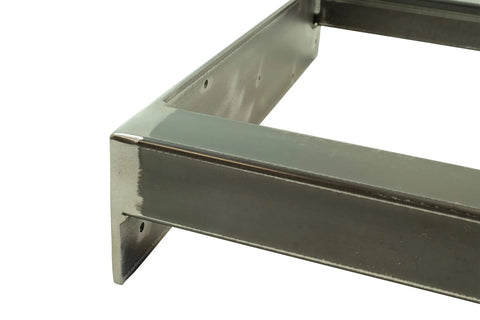 Close-up of Rustic Industrial Style Metal Table Legs With H Style Frame Adjustable Leveling Feet Made In USA Built To Last