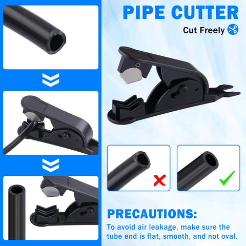 Pipe cutter for 100 Ft One Quarter Inch DOT Air Line Kit with visual guides and precautions for smooth, leak-free cuts.