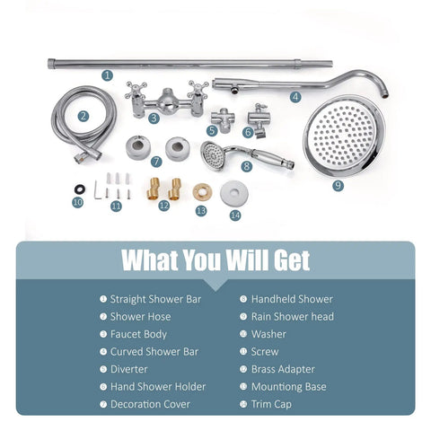 Components of Polished Chrome Shower Faucet System With 8 Inch Rainfall Head 12 Inch Extension Tube Handheld Spray Dual Knobs Mixer