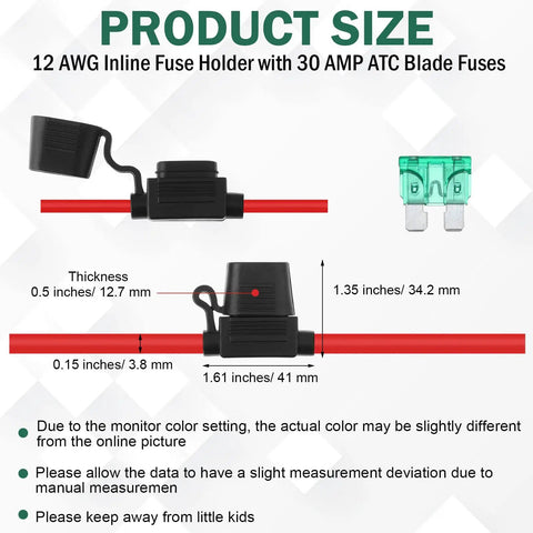 Product size diagram of 24 Pcs Workhorse Inline Fuse Holder Kit With Atc Blade Fuses 30 Amp Heavy Duty Tin Plated Copper Contacts.