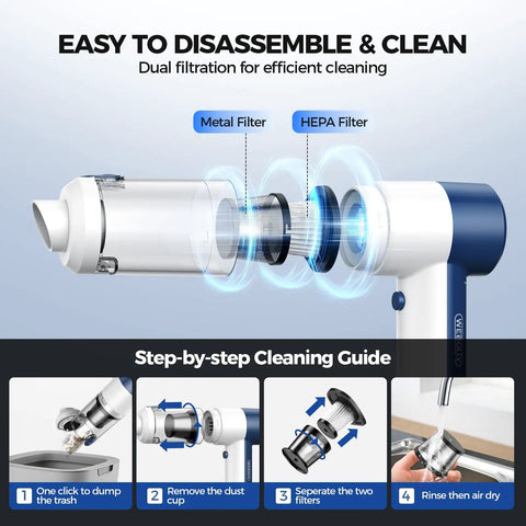Disassembled Cordless 4 In 1 Portable Car Vacuum Cleaner With 16000Pa Beast Power showing metal and HEPA filters