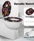 Elongated Resin Toilet Seat for Bathroom with floral design, 18.5 inches long, durable resin material, adjustable stainless steel hinges.