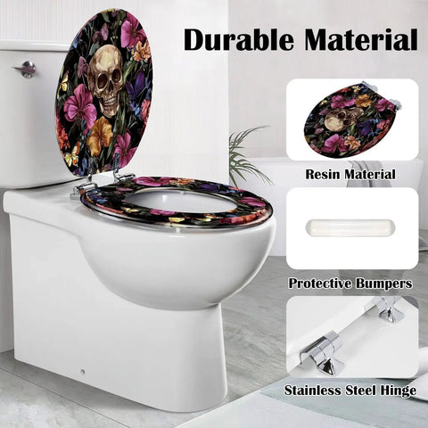 Elongated Resin Toilet Seat for Bathroom with floral design, 18.5 inches long, durable resin material, adjustable stainless steel hinges.