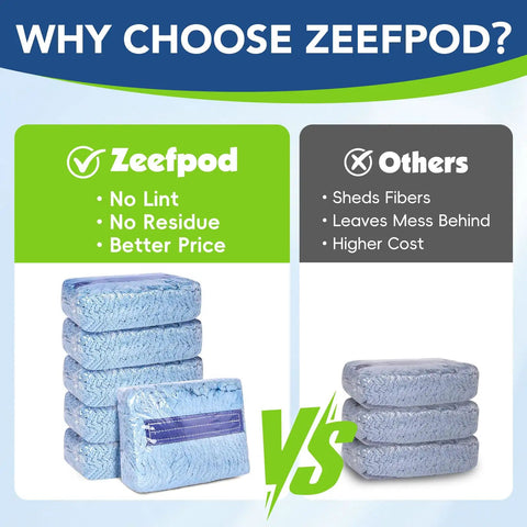 Zeefpod mop head packaging compared to others, highlighting no lint, no residue, and better price with visible blue mop heads.