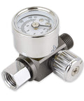 Close-up of Air Adjusting Regulator Valve With Analog Pressure Gauge for spray guns and air tools, aluminum body, 1/4 in NPS
