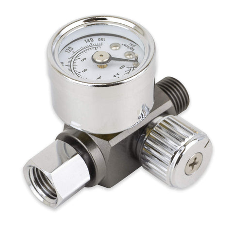 Close-up of Air Adjusting Regulator Valve With Analog Pressure Gauge for spray guns and air tools, aluminum body, 1/4 in NPS