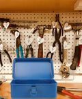 Heavy Duty Metal Tool Box Pair In Blue Thick Iron Construction With Sturdy Latches Portable Trunk Storage For Your Ride Or Home Workshop Solid Setup on a workbench.