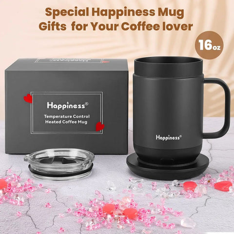 Top Shelf Self Heating Coffee Mug With Precise One Degree Temperature Control Smart Cup including spill resistant lid and rechargeable charging base for your daily grind, 16 oz, black, with box.