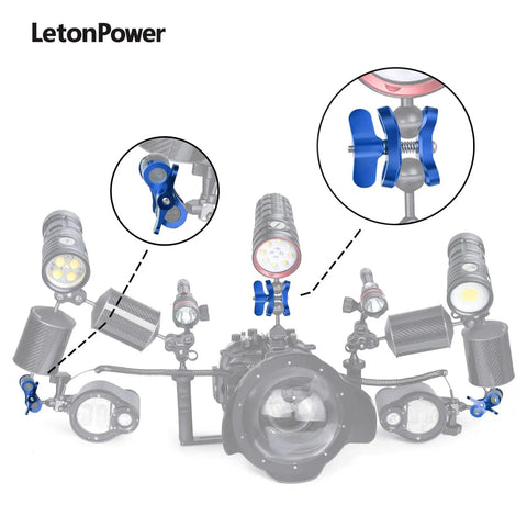 Two Hole 1 Inch Aluminum Underwater Camera Clamp Ball Mount Set attached to diving gear with multiple lights