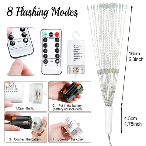Copper Wire Firework Fairy Lights With Remote Control Waterproof 120 LED String For Indoor Outdoor Decor Bouquet Shaped Twinkle Lights 8 Modes Dimmable Cozy Vibe Perfect For Christmas Patio Garden Tent, showing remote and size dimensions.