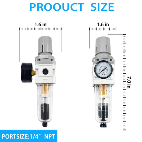 Quarter Inch NPT Compressed Air Filter Regulator Combo Piggyback With Water And Oil Trap Separator, 0-150 PSI Gauge, Auto Drain