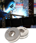 Close-up of two silver knurled wire feed drive rollers (0.6/0.8 mm) for SSJ16 MIG wire feeder.