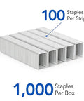 Heavy Duty Desktop Stapler Refills That Go Hard On Thick Stacks showing 1,000 staples in a box with 100 staples per strip.