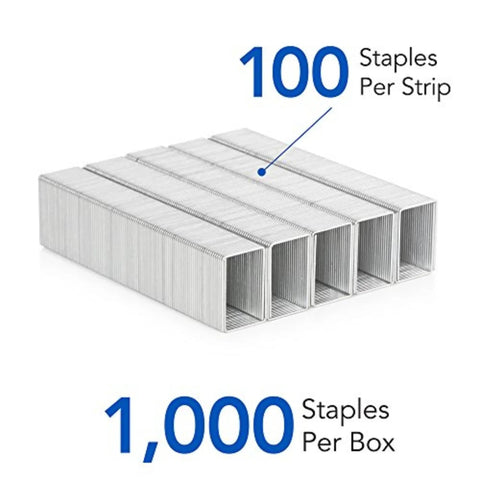 Heavy Duty Desktop Stapler Refills That Go Hard On Thick Stacks showing 1,000 staples in a box with 100 staples per strip.