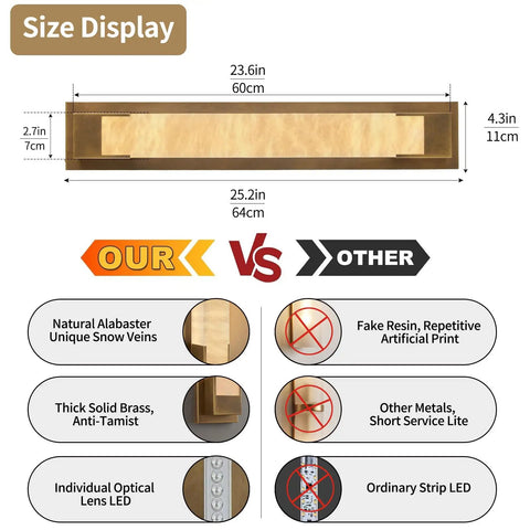 LuminaBrass Alabaster Wall Sconce, Solid Brass Home Indoor Wall Lighting size display with measurements and unique features.