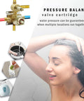 Brushed Gold 3 Way Shower Valve Kit With Concealed Brass Diverter And Flow Control Three Outlet Mixer For Three Function Showers Rough In Valve With CUPC Certified Safety Stop And Durable Construction pressure balance cartridge illustration
