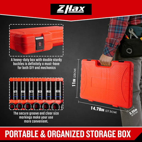 Man carrying Three Eighths Inch Drive 12 Point Impact Socket Set with heavy-duty case, showing secure buckles and organized storage.