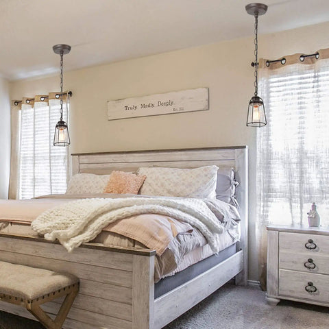 Farmhouse Pendant Lighting Mini Rustic Hanging Light with Seeded Glass Shade in cozy bedroom setting with bronze finish.