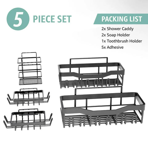 Stick On Shower Caddy Set Five Pack For Rustproof Stainless Steel No Drill Bathroom Organization With Large Capacity Shelves