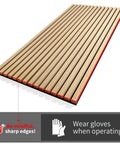 Top Shelf Six Pack Soundproof Wood Slat Wall Panels Featuring Badass Acoustic Dampening To Level Up Room Vibes And Muffle Street Noise Sleek Walnut Finish For Studios Or Home Offices, showing slatted design and safety warnings.