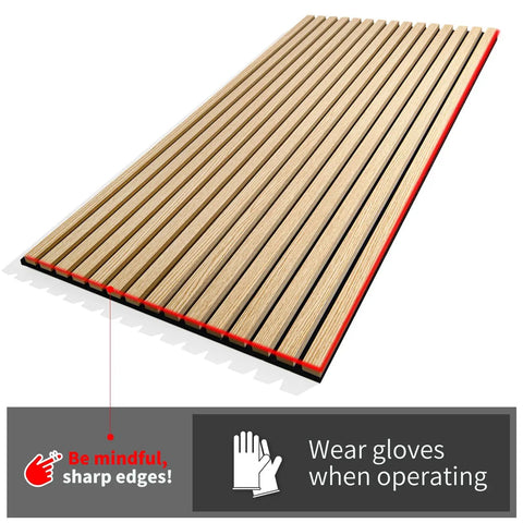 Top Shelf Six Pack Soundproof Wood Slat Wall Panels Featuring Badass Acoustic Dampening To Level Up Room Vibes And Muffle Street Noise Sleek Walnut Finish For Studios Or Home Offices, showing slatted design and safety warnings.