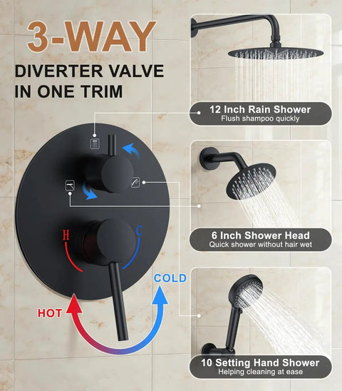 FAROLAN Shower Faucet Set, Wall Mounted Rain Shower System with 12"&6" Heads, showcasing diverter valve and shower heads.