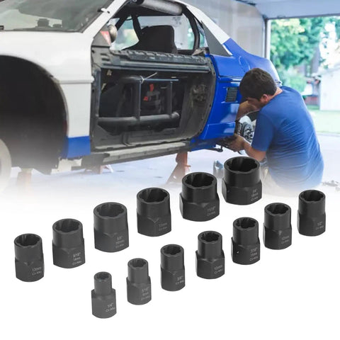 Premium Chrome Molybdenum Impact Nut Bolt Remover Set Extractor Socket Kit 3 8 In Drive For Rusted Damaged Stripped Fasteners Fits Ratchets And Impact Wrenches Made To Crush It; mechanic removing wheel bolts