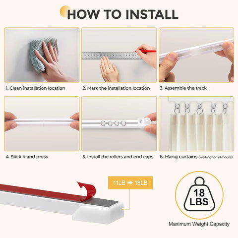 No Drill Self Adhesive Curtain Track For Ceiling Or Wall Mount 5.4 Feet Long Unbendable And Cuttable Supports Up To 18 Pounds Lightweight Durable Plastic Ideal For RV Windows Living Room Bedroom Curtains installation steps