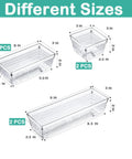 Six Piece Clear Acrylic Drawer Organizer Set For Makeup Cosmetics Jewelry Utensils Gadgets And Office Essentials Versatile Storage Trays With Customizable Layout To Fit Any Drawer Keep Stuff Neat And Accessible, shown in different sizes with dimensions labeled.