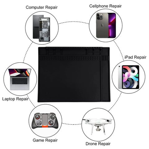 Premium Pro Grade ESD Safe Soldering Mat Kit With Wrist Strap and Grounding Plug for diverse electronics repair including laptops, phones, drones, and game consoles.